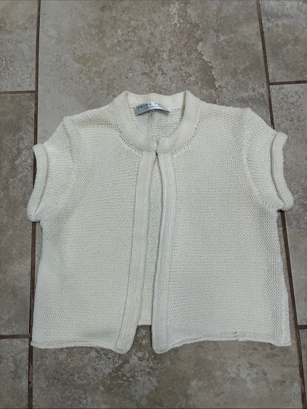 Trina Turk Cream Open-Front Short-Sleeve Knit Cardigan